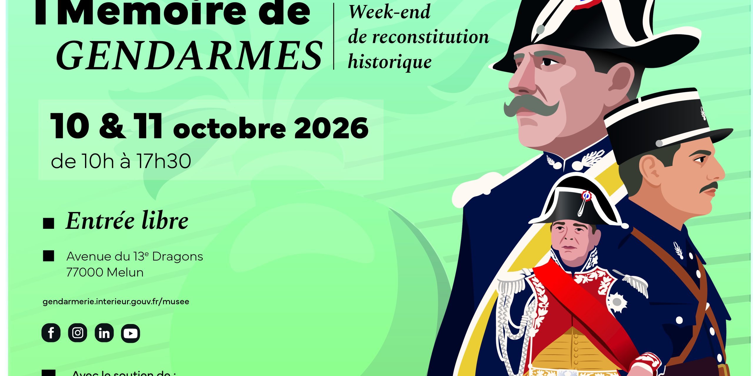 Affiche de la 1ère édition de MÉMOIRE DE GENDARMES au Musée de la Gendarmerie Nationale (MGN) les 10 et 11 octobre 2026 _ Miss K Une